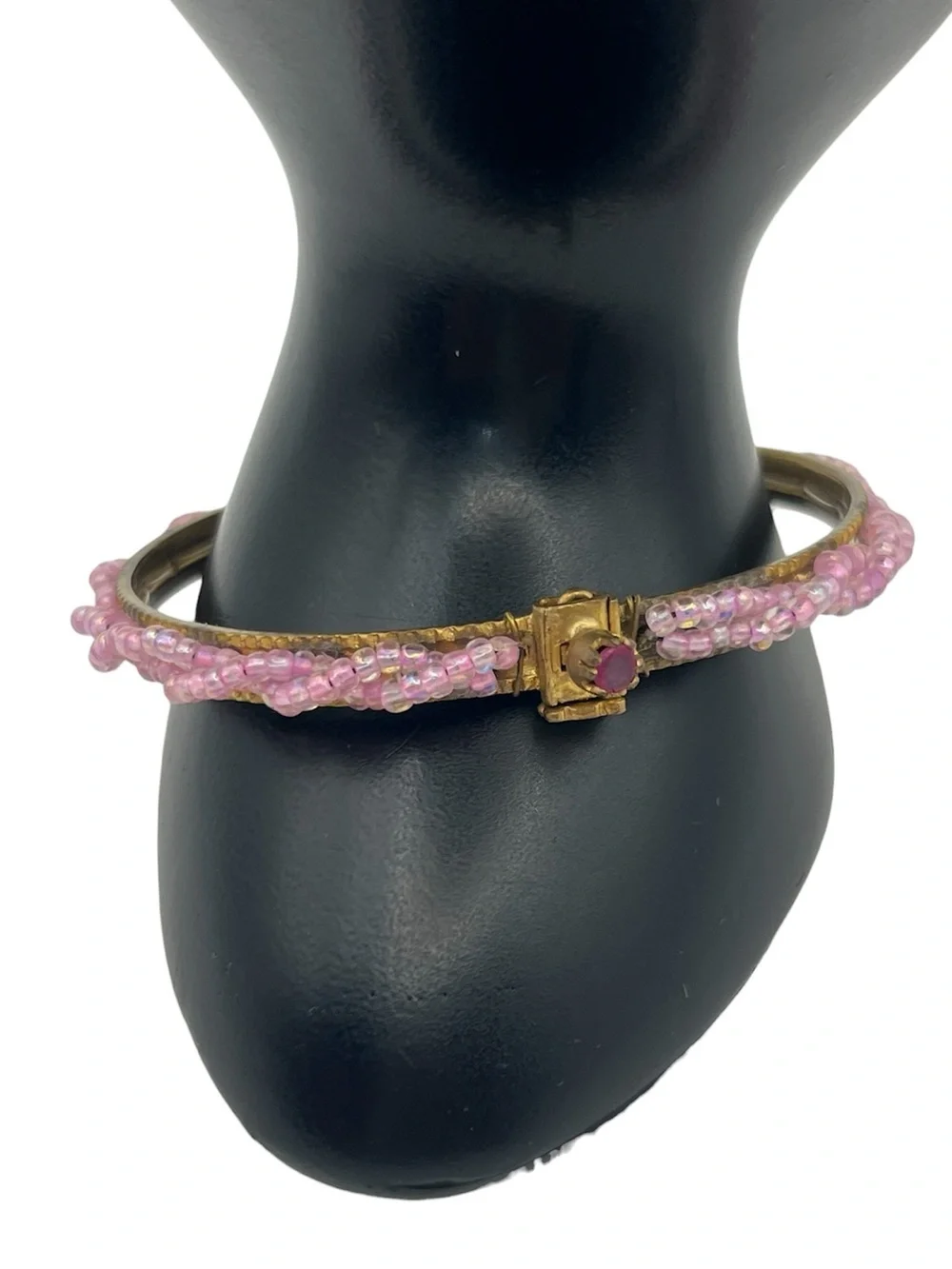 East India mid-20th-century vintage bangle bracelet pink seed beads gold tone